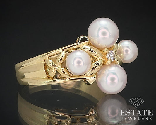 Vintage 18k Yellow Gold Mikimoto Akoya Pearl & Diamond Ring 5.2g i16589