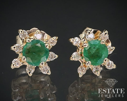 14k Yellow Gold Round Natural Emerald & Diamond Halo Stud Earrings i16593