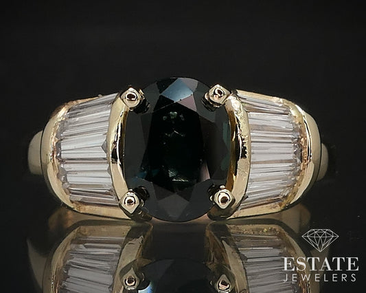 14k Yellow Gold Oval Natural 1.49ct Blue Sapphire & Diamond Ring 5.4g i16541