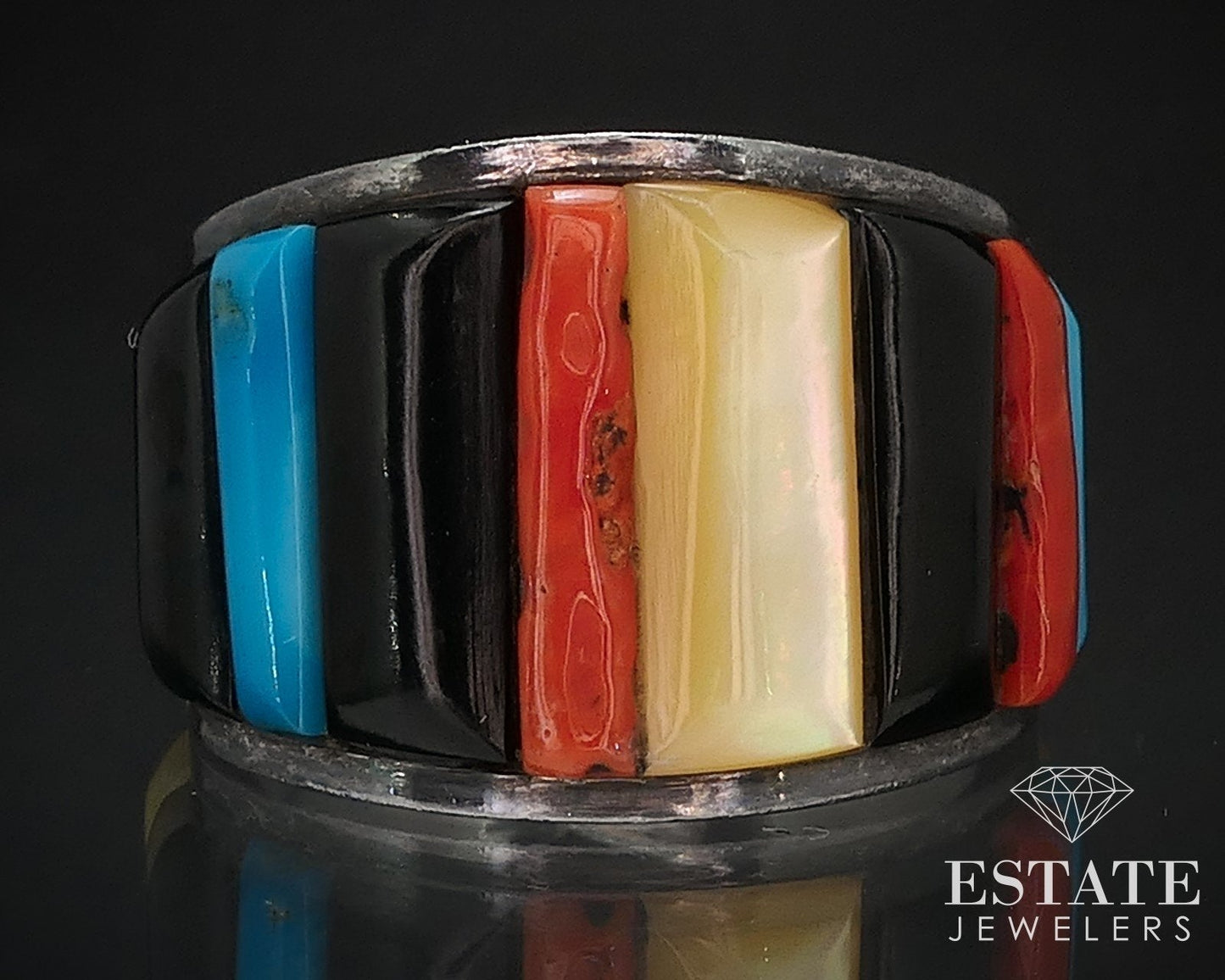 Vintage Sterling Navajo Natural Multi Gem Raised Inlaid Band Ring 6.8g i16746