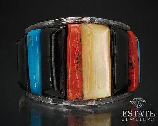 Vintage Sterling Navajo Natural Multi Gem Raised Inlaid Band Ring 6.8g i16746