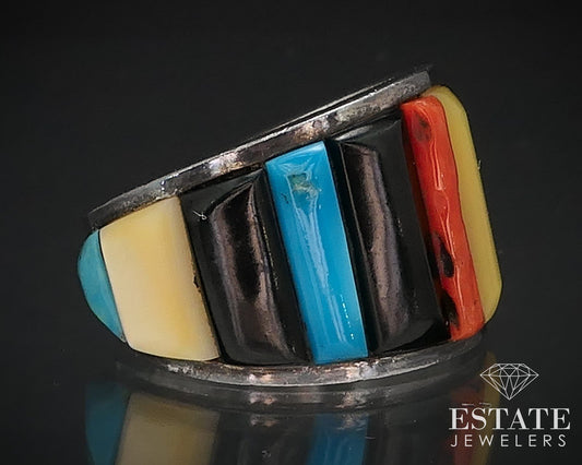 Vintage Sterling Navajo Natural Multi Gem Raised Inlaid Band Ring 6.8g i16746
