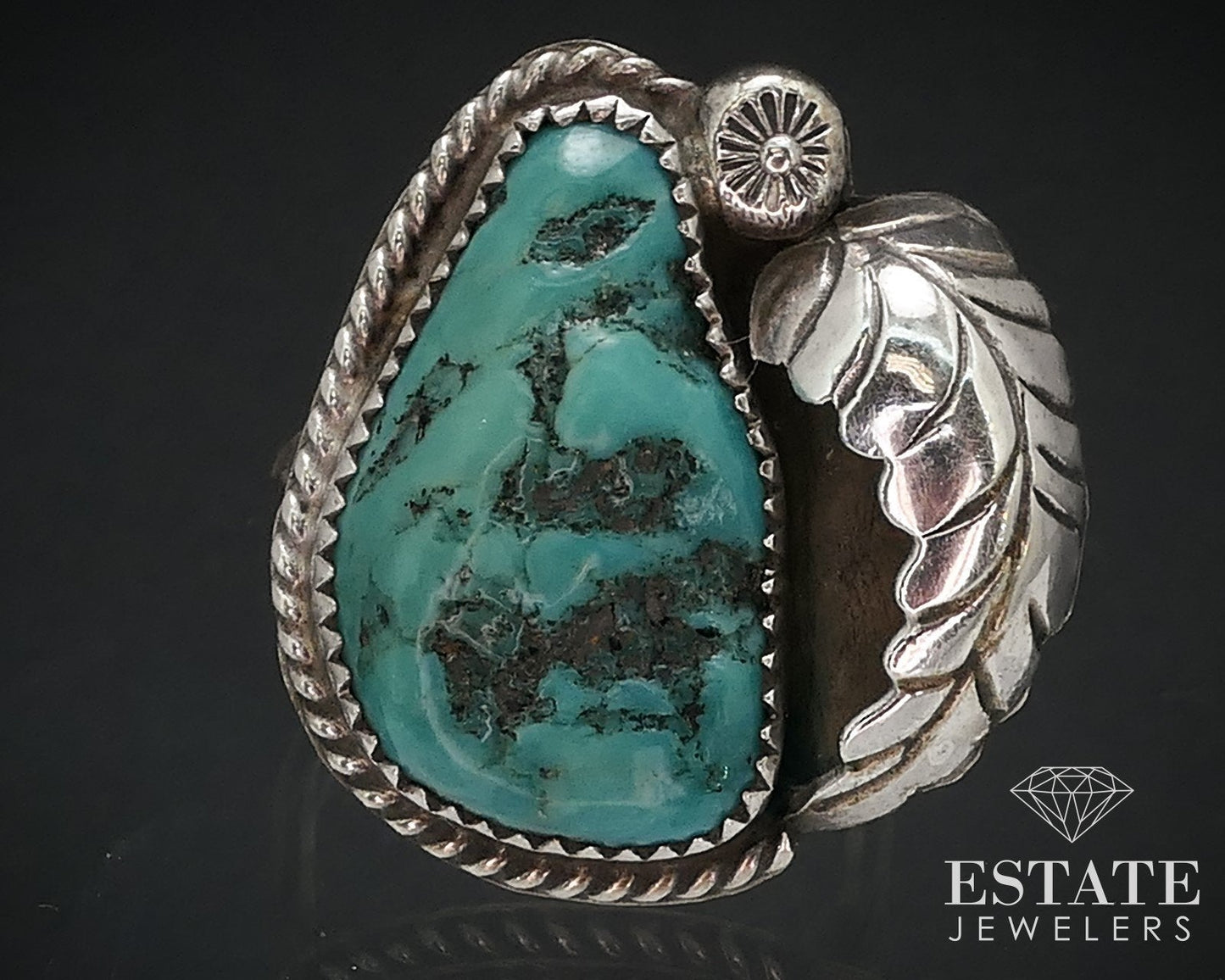 Vintage Sterling Signed Russell Navajo Chunky Natural Turquoise Ring 7g i16740