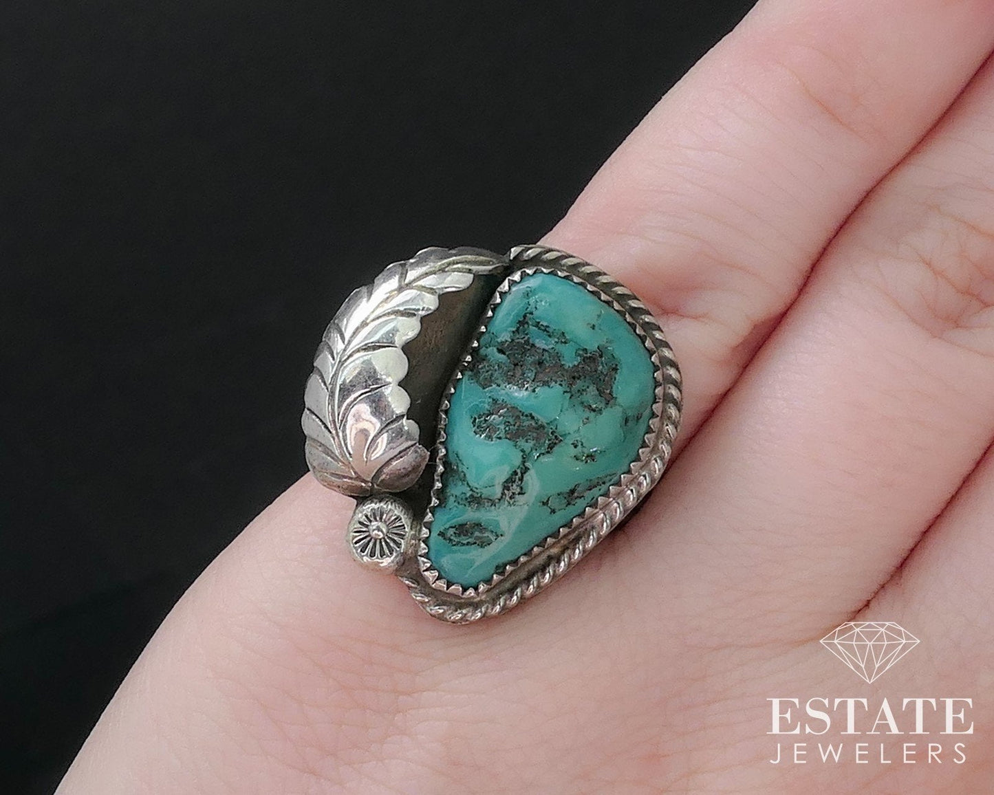 Vintage Sterling Signed Russell Navajo Chunky Natural Turquoise Ring 7g i16740