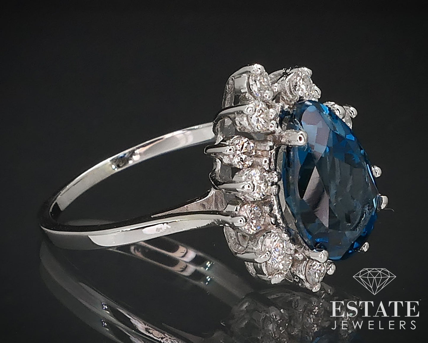 14k White Gold Pear Natural London Blue Topaz & Diamond Halo Ring 5.1g i16668