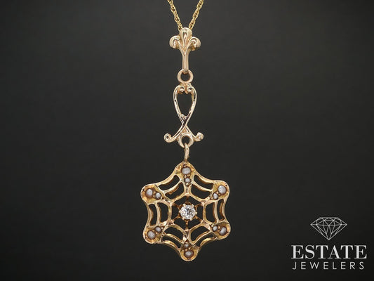 Antique Yellow Gold Diamond & Seed Pearl Spider Web Pendant Necklace 2g i16685