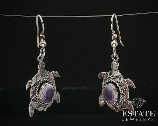 Vintage Sterling Purple Spiny Oyster Navajo Turtle Dangle Earrings 6.6g i16786