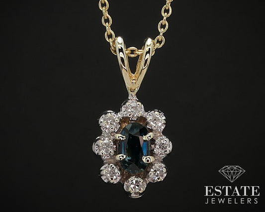 14k Yellow Gold Natural Blue Sapphire & Diamond Oval Halo Necklace 2.7g i16758