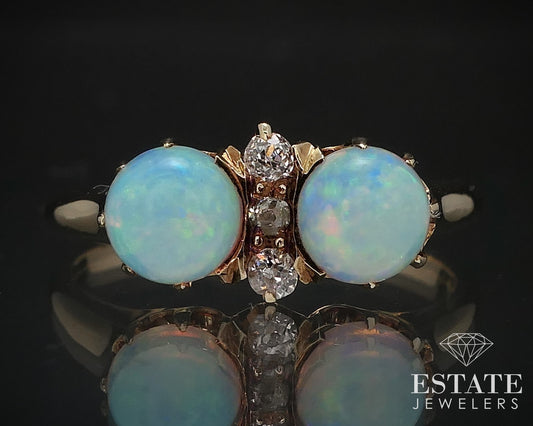Antique Victorian 14k Yellow Gold Natural Opal & Cut Diamond Ring 3.5g i16761