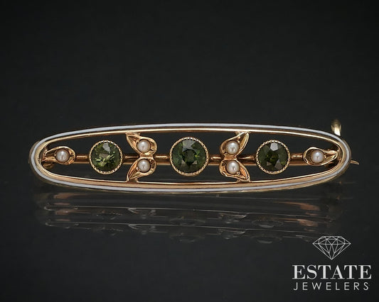 Antique 14k Yellow Gold Natural Peridot & Seed Pearl Pin Brooch 2.2g i16772