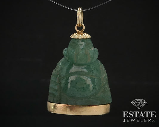 Antique 14k Yellow Gold Natural Green Jade Buddha Charm Pendant 6.5g i16751