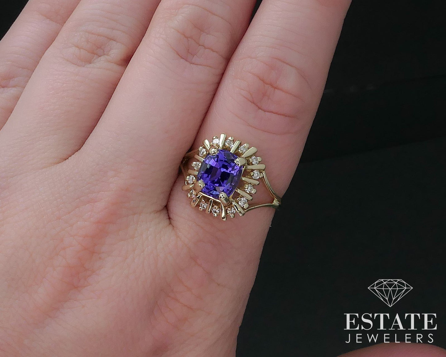 14k Yellow Gold Cushion Natural 2ct Tanzanite & Diamond Halo Ring 4.4g i16753