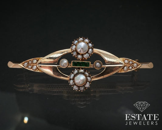 Antique Nouveau 10k Yellow Gold Green Stone Seed Pearl Pin Brooch 5g i16760