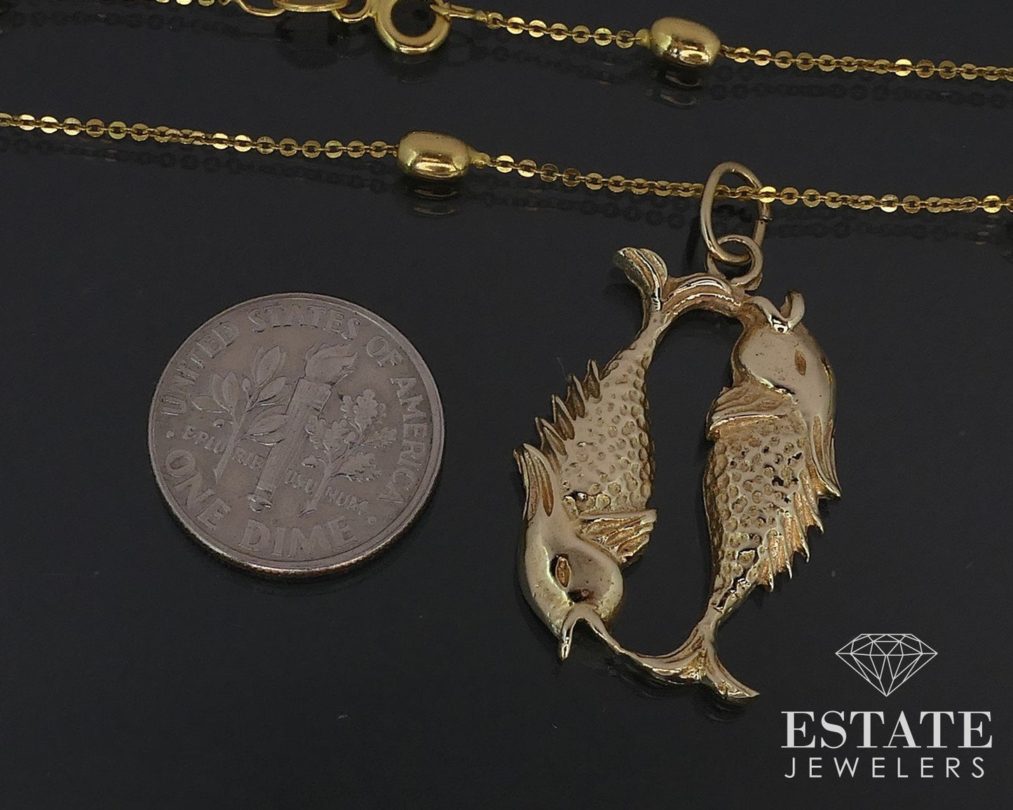 14k Yellow Gold Pisces Zodiac Charm Beaded Station Necklace 6.1g 18"L i16790