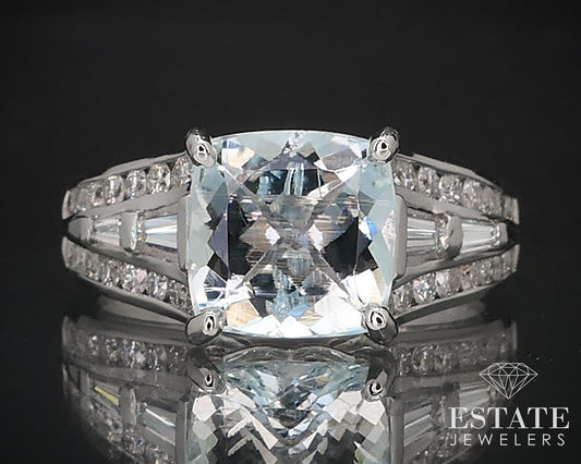 14k White Gold Cushion Natural 2.15ct Aquamarine & Diamond Ring 5.8g p70872