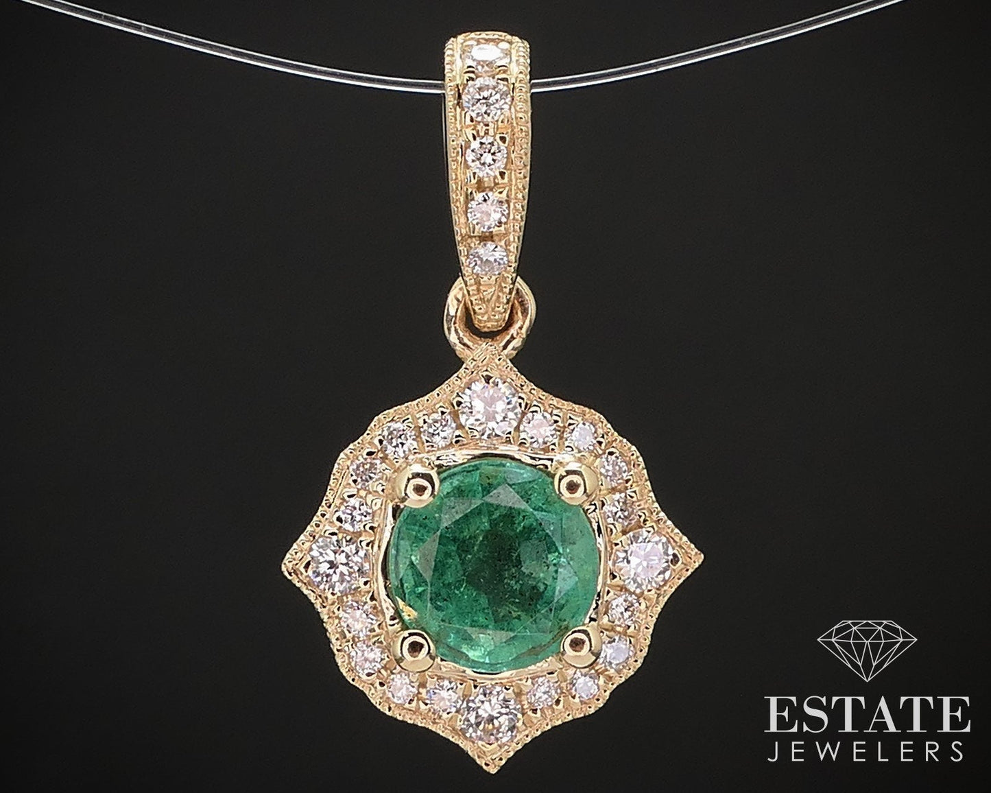14k Yellow Gold Natural .51ct Emerald & Diamond Halo Ladies Pendant 1.4g i16842