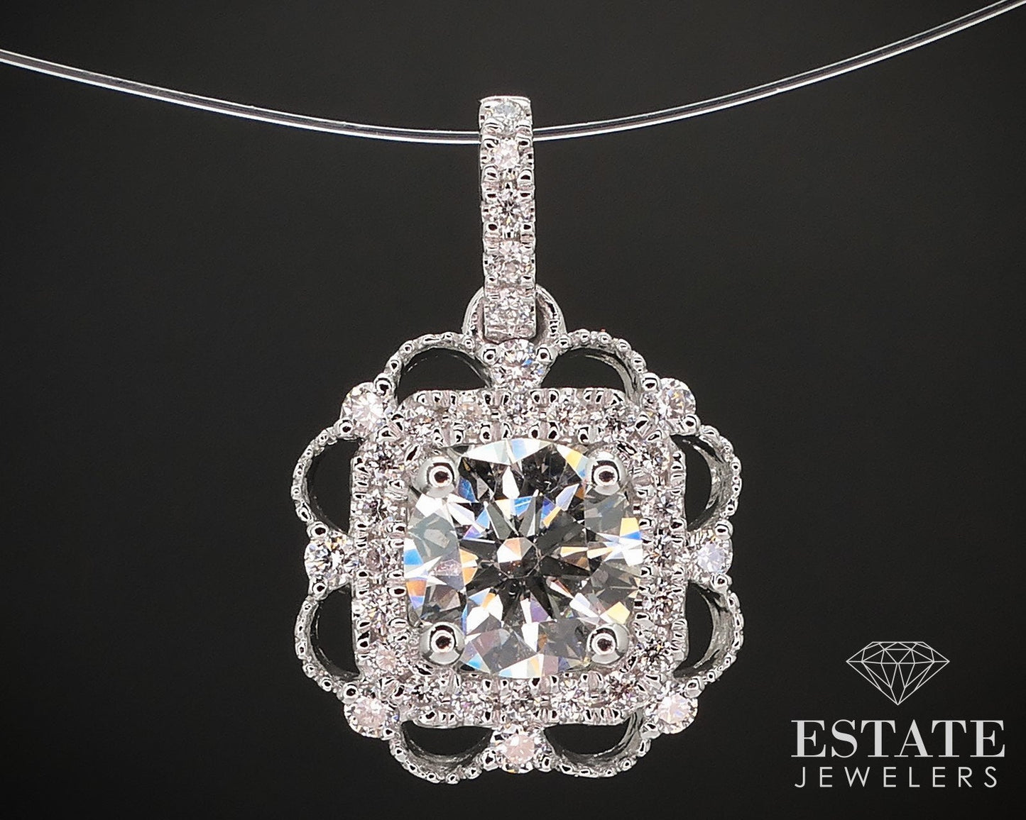 14k White Gold Round Natural .77ctw Diamond Filigree Pendant 1.1g i16845