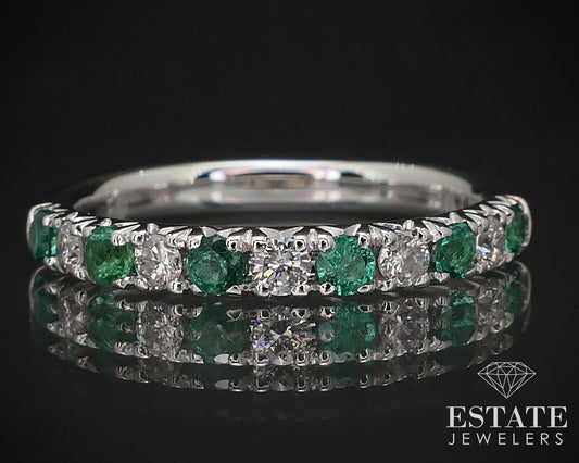 14k White Gold Natural Emerald & Diamond Ladies Band Ring 2.4g i16827
