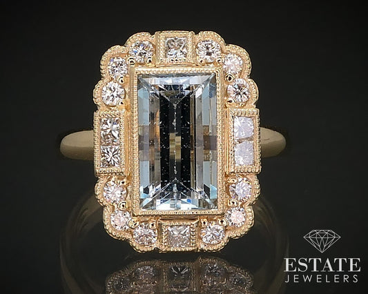 14K Yellow Gold Natural 2.19ct Aquamarine Diamond Cocktail Ring 5.7g i16844