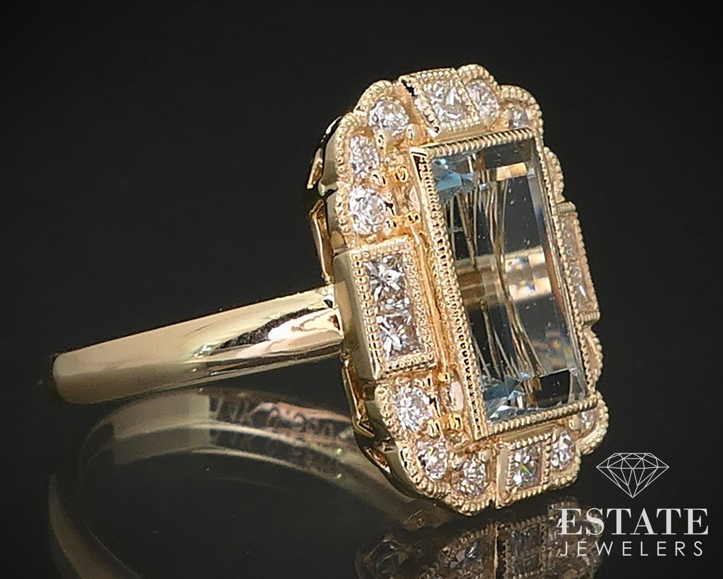 14K Yellow Gold Natural 2.19ct Aquamarine Diamond Cocktail Ring 5.7g i16844
