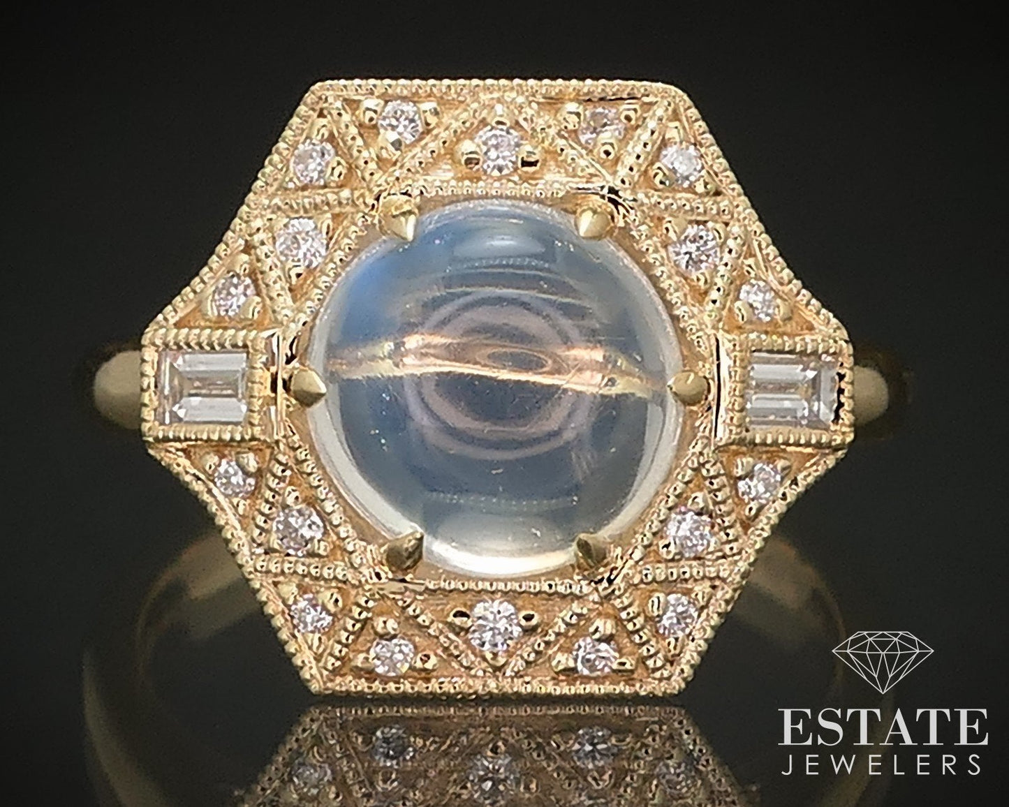 14k Yellow Gold Natural Blue Sheen Moonstone & Diamond Cocktail Ring 4.7g i16847