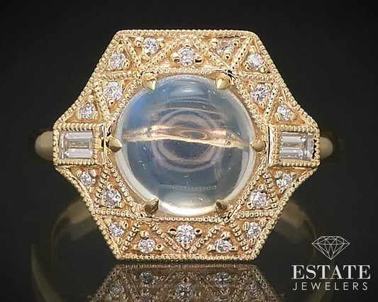 14k Yellow Gold Natural Blue Sheen Moonstone & Diamond Cocktail Ring 4.7g i16847