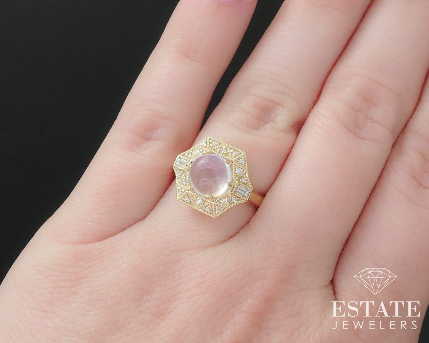 14k Yellow Gold Natural Blue Sheen Moonstone & Diamond Cocktail Ring 4.7g i16847