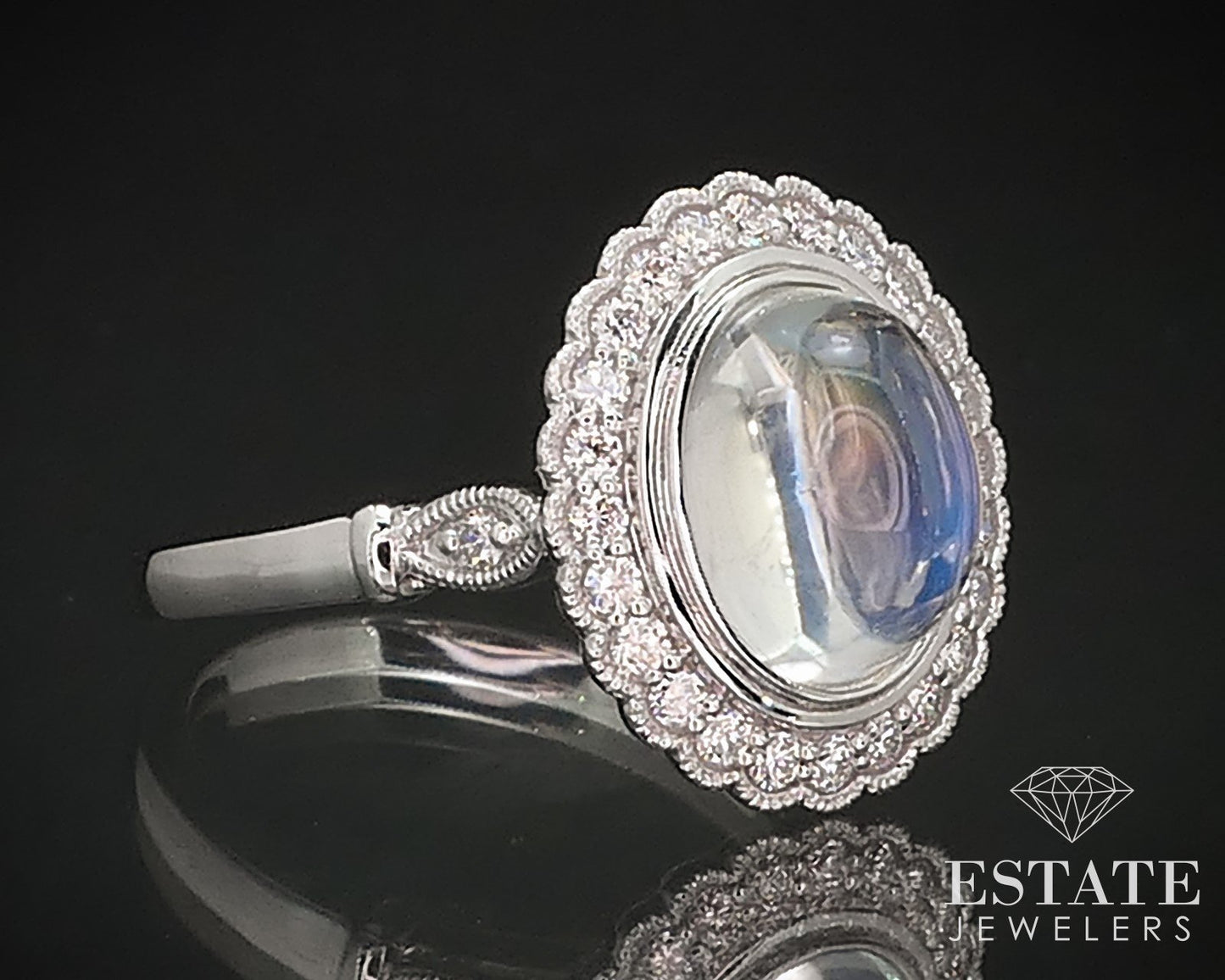 14k White Gold Natural Blue Sheen Moonstone & Diamond Cocktail Ring 6.2g p71001