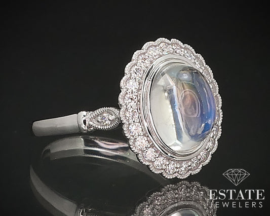 14k White Gold Natural Blue Sheen Moonstone & Diamond Cocktail Ring 6.2g p71001