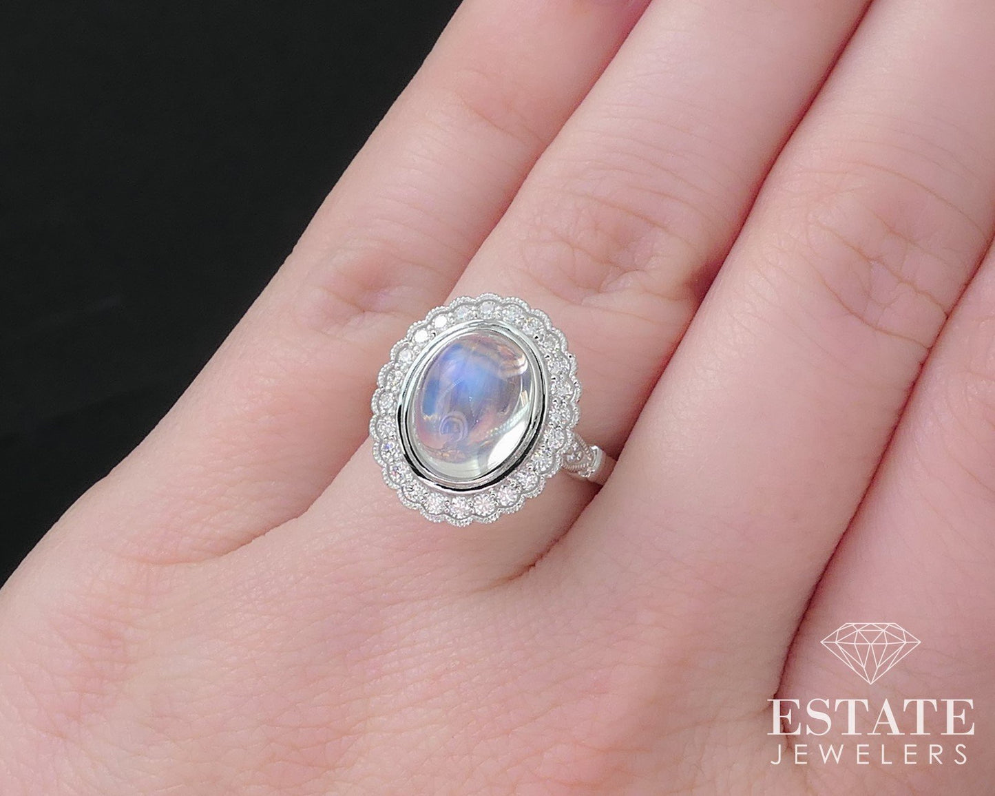 14k White Gold Natural Blue Sheen Moonstone & Diamond Cocktail Ring 6.2g p71001