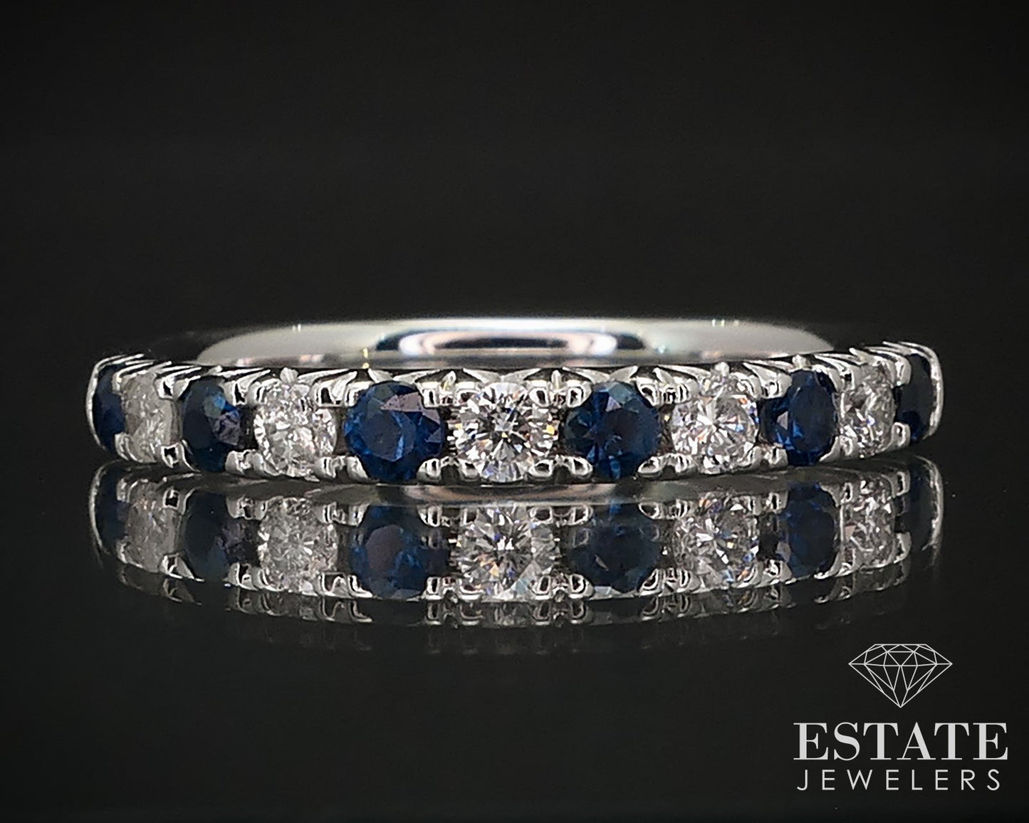 14k White Gold Natural Blue Sapphire & Diamond Ladies Band Ring 2.5g i16826