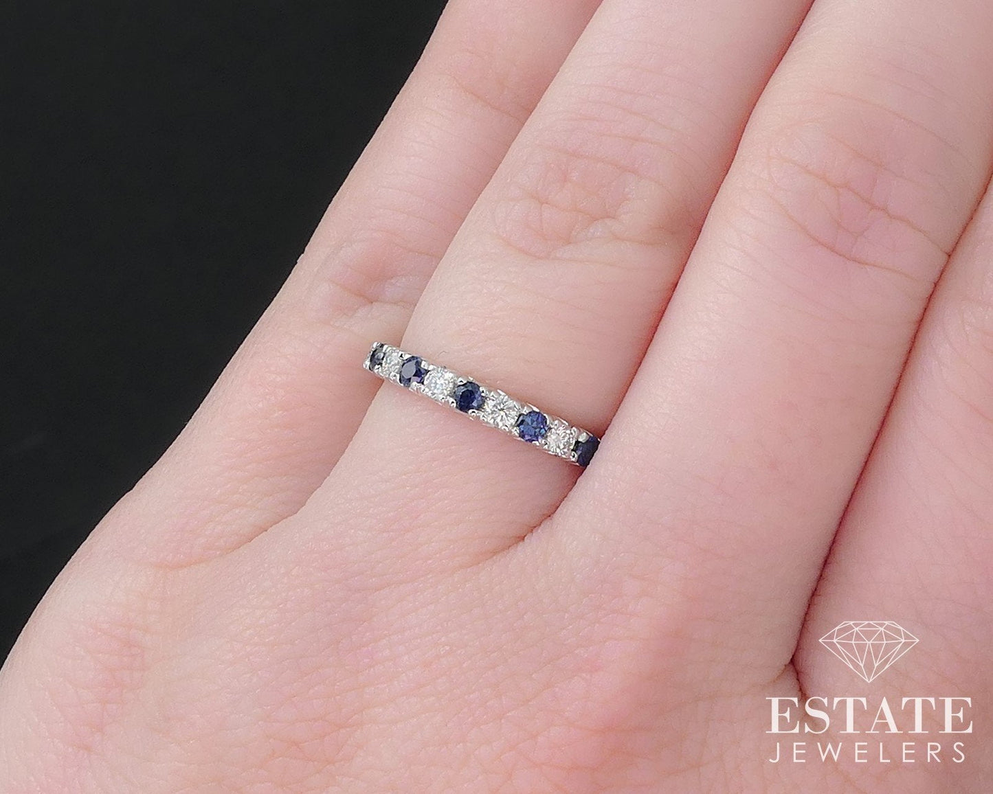 14k White Gold Natural Blue Sapphire & Diamond Ladies Band Ring 2.5g i16826