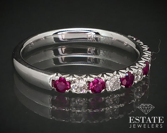 14k White Gold Natural Ruby & Diamond Ladies Band Ring 2.4g i16828