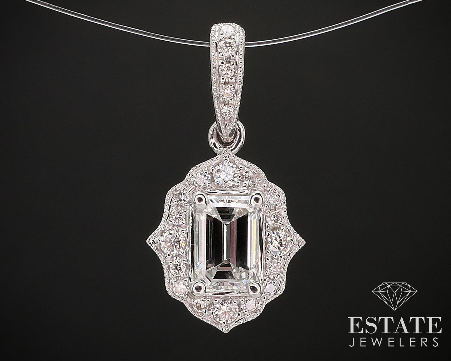 14k White Gold IGI Emerald Natural .64ctw Diamond Filigree Pendant 1.3g i16850