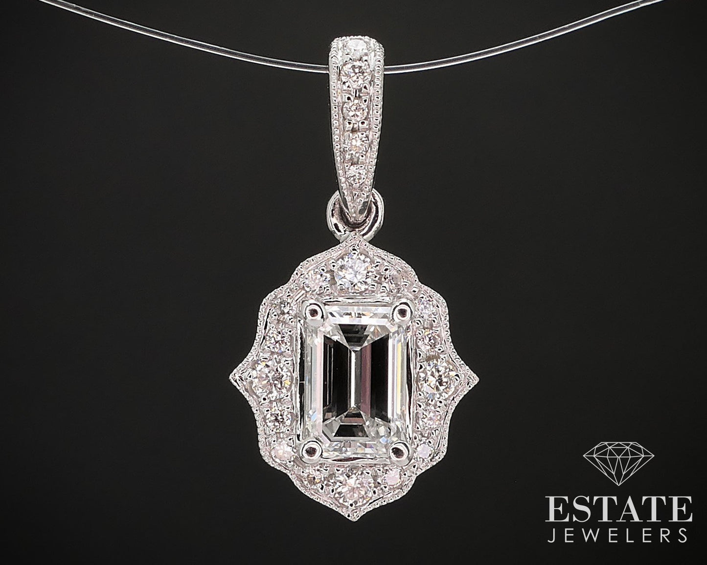 14k White Gold IGI Emerald Natural .64ctw Diamond Filigree Pendant 1.3g i16850