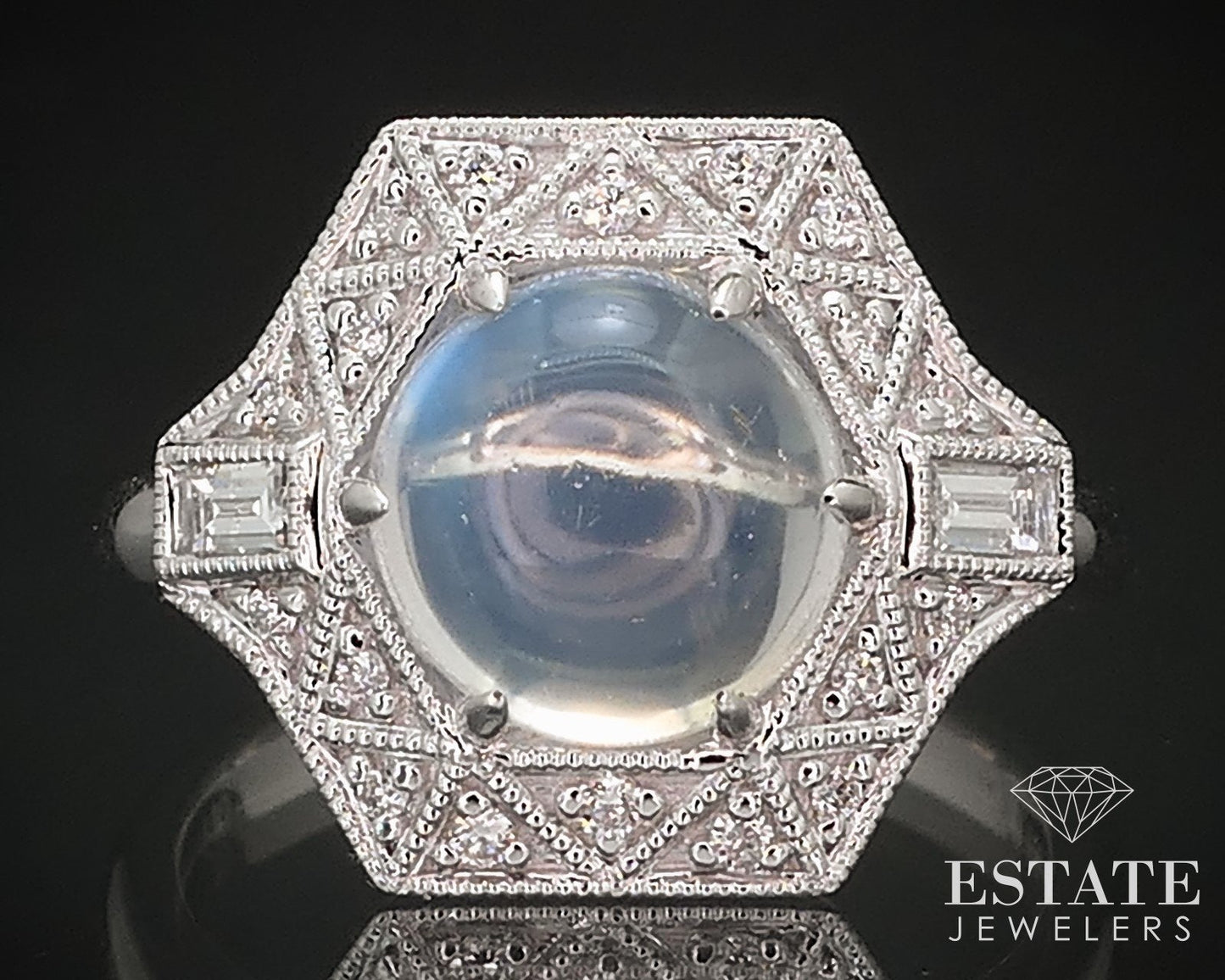 14k White Gold Natural Blue Sheen Moonstone & Diamond Cocktail Ring 4.8g i16846