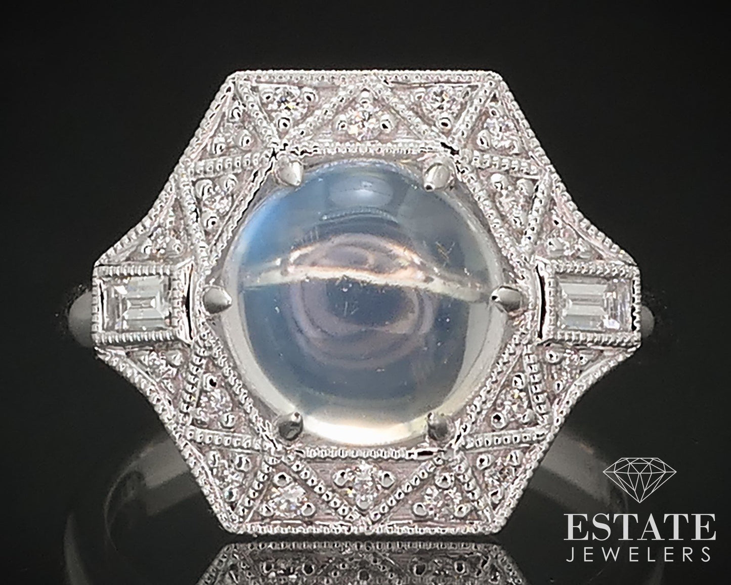 14k White Gold Natural Blue Sheen Moonstone & Diamond Cocktail Ring 4.8g p70996