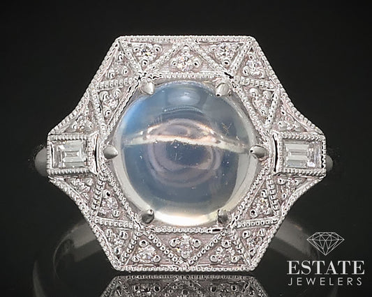 14k White Gold Natural Blue Sheen Moonstone & Diamond Cocktail Ring 4.8g p70996