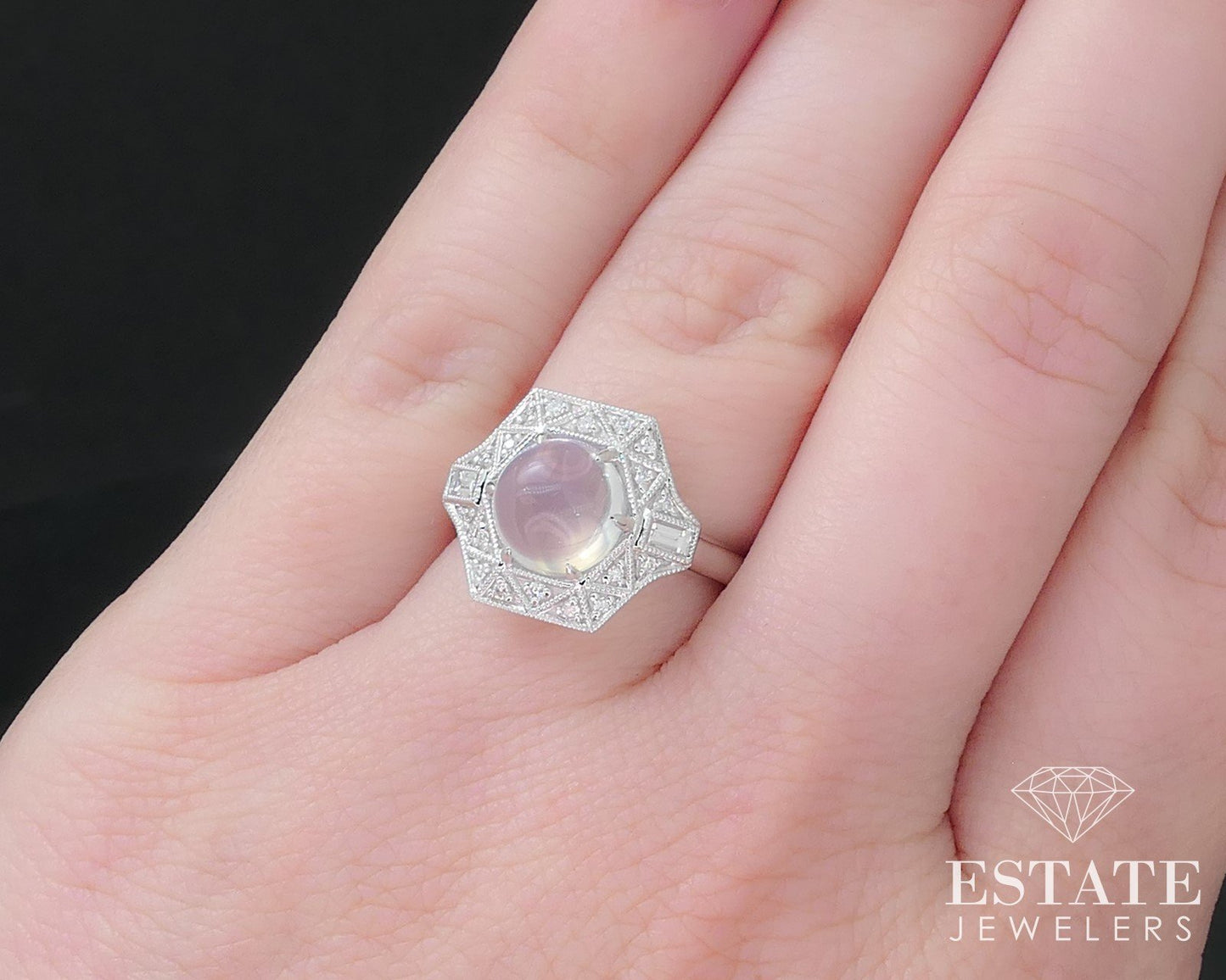 14k White Gold Natural Blue Sheen Moonstone & Diamond Cocktail Ring 4.8g p70996