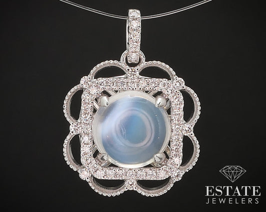 14k White Gold Natural Blue Sheen Moonstone & Diamond Flower Pendant 2.9g i16849