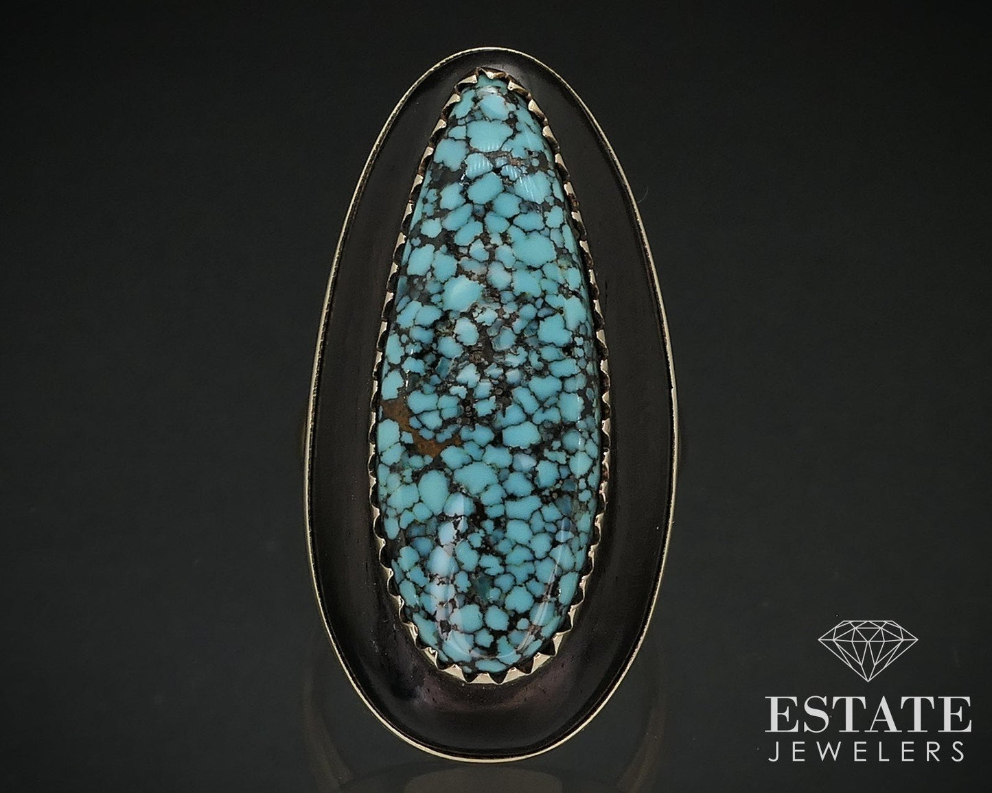 14k Yellow Gold Spiderweb Turquoise & Wood Signed Bear Navajo Ring 12g i16933