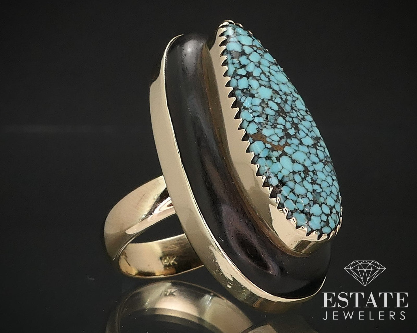 14k Yellow Gold Spiderweb Turquoise & Wood Signed Bear Navajo Ring 12g i16933