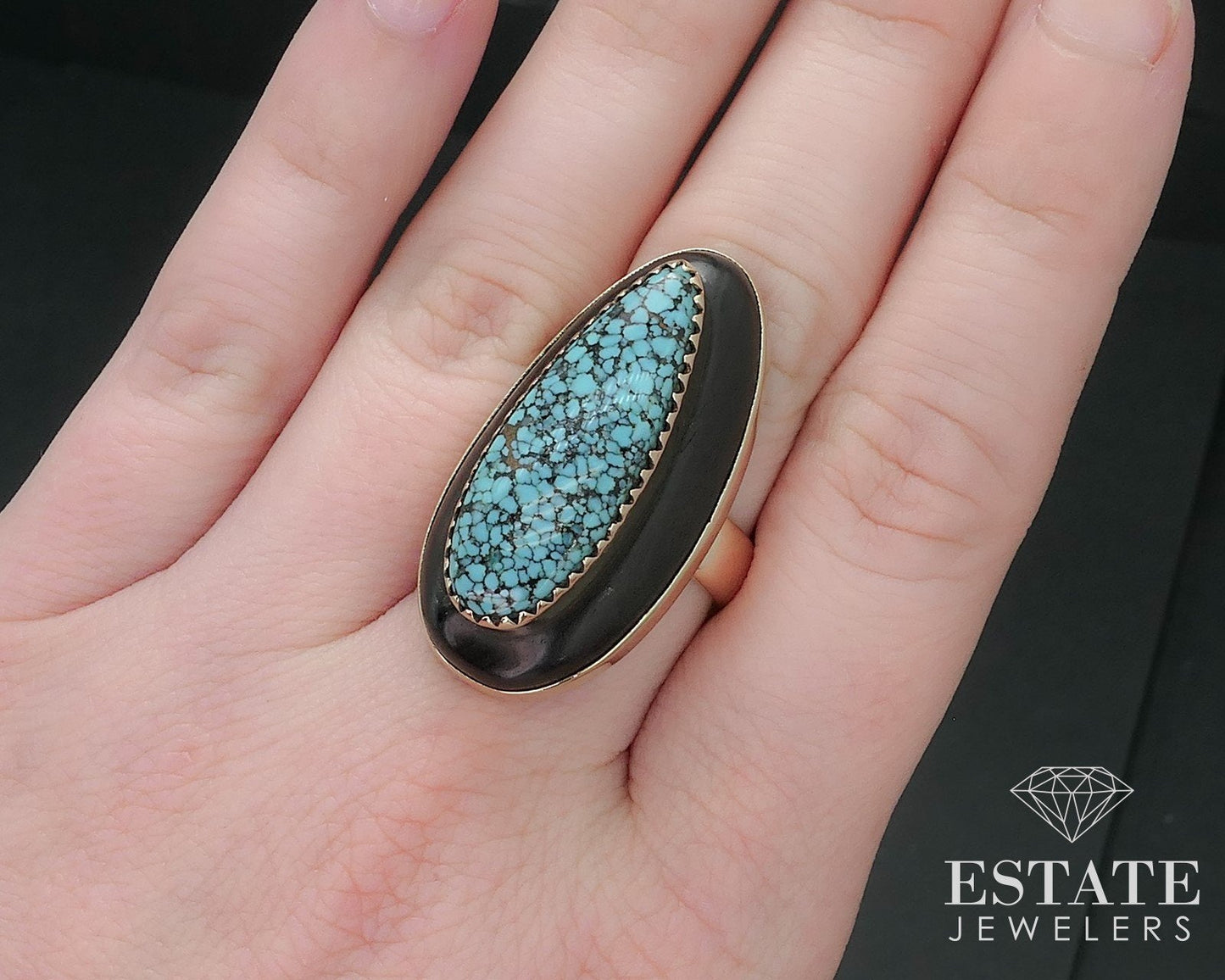 14k Yellow Gold Spiderweb Turquoise & Wood Signed Bear Navajo Ring 12g i16933