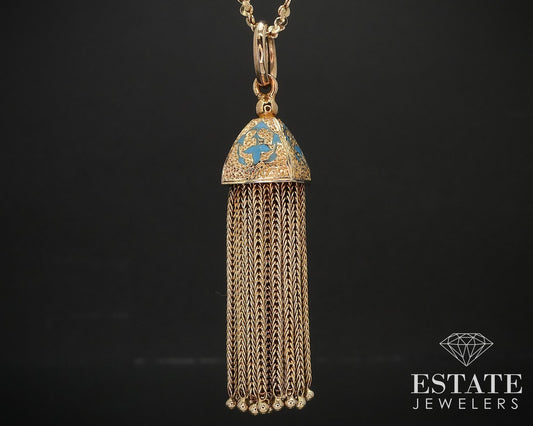 Antique 14k Yellow Gold Enameled Tassel Pendant Necklace 18g 30"L i16901
