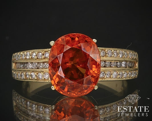 14k Yellow Gold Natural Spessartite Garnet & Diamond Ladies Ring 4.8g i16939b