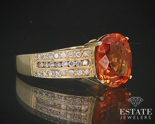 14k Yellow Gold Natural Spessartite Garnet & Diamond Ladies Ring 4.8g i16939b