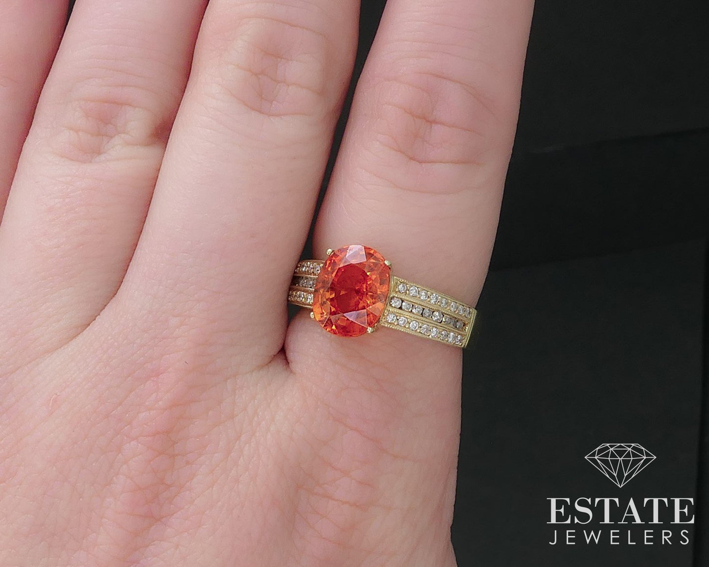 14k Yellow Gold Natural Spessartite Garnet & Diamond Ladies Ring 4.8g i16939b