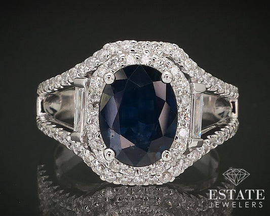14K White Gold Oval Natural Blue Sapphire & Diamond Halo Ring 5.9g i16972