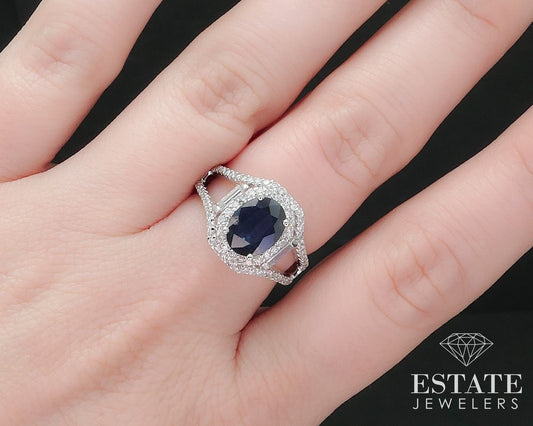 14K White Gold Oval Natural Blue Sapphire & Diamond Halo Ring 5.9g i16972