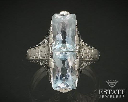 Antique 14k White Gold Natural Aquamarine Filigree Ladies Ring 3.1g i16961